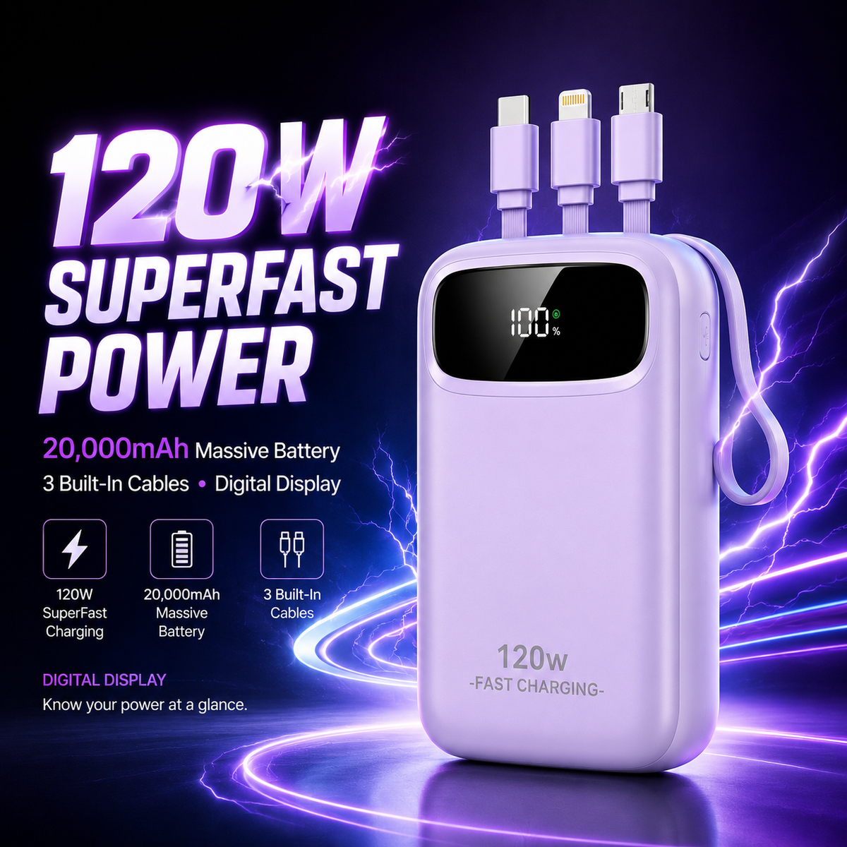 20,000mAh Massive Battery With 3 Built-In Charging Cables And a Smart Digital Display.