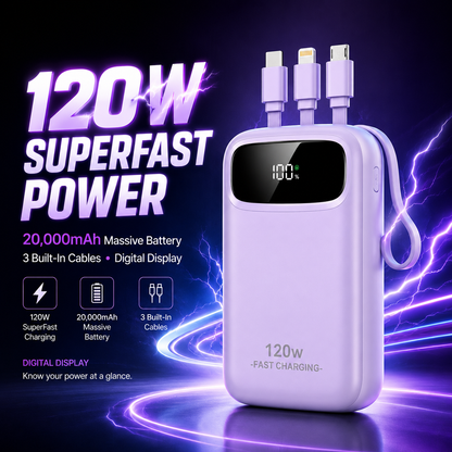 20,000mAh Massive Battery With 3 Built-In Charging Cables And a Smart Digital Display.