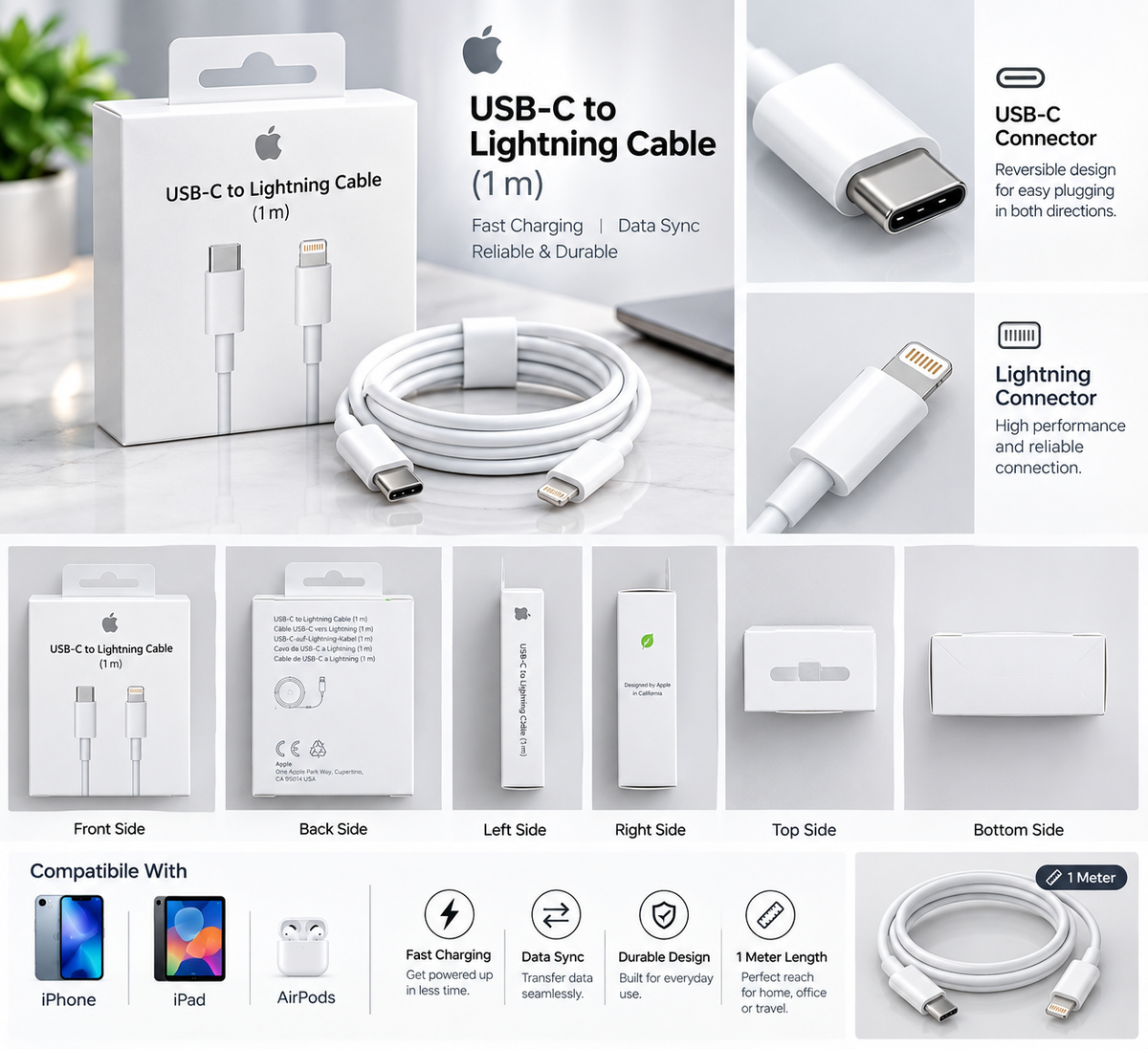Apple USB-C to Lightning Cable 1M (20w Supported)